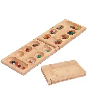 Jogo de tabuleiro de mancala, jogo de tabuleiro de madeira sólida com pedras de vidro para crianças e adultos com 48 brinquedos educativos, chp de bambu