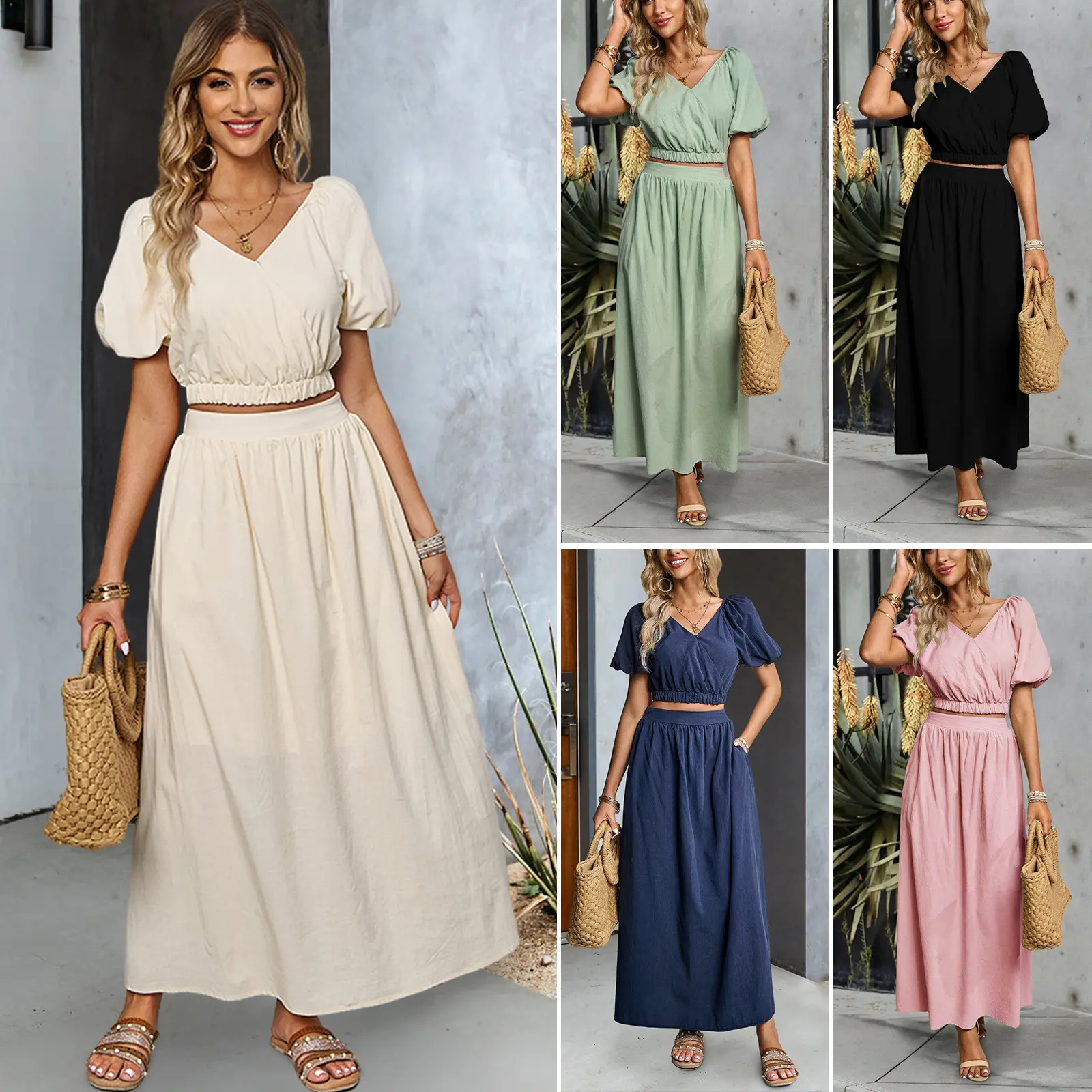 Wholesale sales 2024 new summer casual women's cotton and linen 2-piece women's long dress set