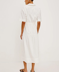 เดรสเชิ้ตผ้าฝ้ายผสมลินินพิมพ์ลายนามธรรมสำหรับผู้หญิง คอปก แขนสั้น มีเข็มขัด ยาวคลุมเท้า สไตล์วินเทจลำลอง ชุดเดรสทำงาน - Product Image 2