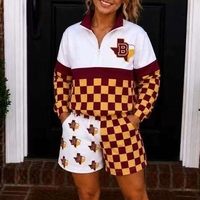 Ensemble de survêtement 2 pièces personnalisé pour femme, color block, motif damier, sweat-shirt demi-zip et short, avec logo d'équipe universitaire imprimé, ensemble assorti