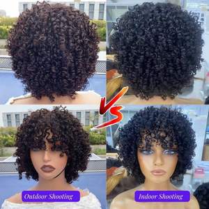 Full Machine Made No Lace Glueless Peruca com Franja Pronto para Ir 100% Cabelo Humano Brasileiro Bouncy Jerry Curl Gluless Perucas - Product Image 4