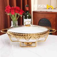 Plat de service rond en céramique avec couvercle en verre et support doré, chauffe-plat de buffet à bougie chauffe-plat, plat de service cannelé en porcelaine