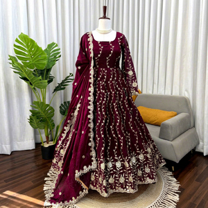 Ensemble de robe Anarkali en soie pour femmes, broderie de fils et de paillettes, tenue indienne pakistanaise, mariage, fête, Diwali - Product Image 1