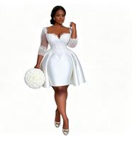 Robes de mariée personnalisées pour femmes grandes tailles, en satin sud-africain, dentelle perlée, manches 3/4, col transparent, robes de mariée courtes