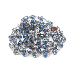 SUXUAN Crystal Beads Prayer Rosary Necklace Catholic Metal Virgin Mary Centerpiece Crucifix Cross Glass Religious 2023 56cm