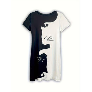 Gaun Wanita Elegan Motif Kucing Minimalis Kasual Warna Hitam Putih Gaya Klasik - Product Image 2