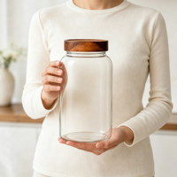 Bocal de conservation alimentaire en verre rond grand format, fait main, en borosilicate, avec couvercle en bois hermétique, transparent, pour cuisine, pâtes et céréales