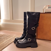 Bottes hautes vintage pour femmes, à multiples boucles, plateforme, style western rétro, bottes longues pour femmes