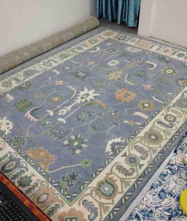 Best Customizable 9x12 Blue Beige Knotted Handmade Oushak Rug Vintage Turkish Area Rug for Teen Living Room for Home Use
