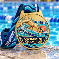 Médaille en métal plaqué argent en gros, médaille personnalisée en alliage de zinc avec logo en relief pour les compétitions sportives, médaille de natation