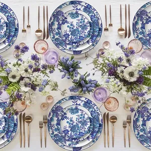 优雅的蓝色花精美骨瓷晚餐套装黄金皇家豪华餐具套装