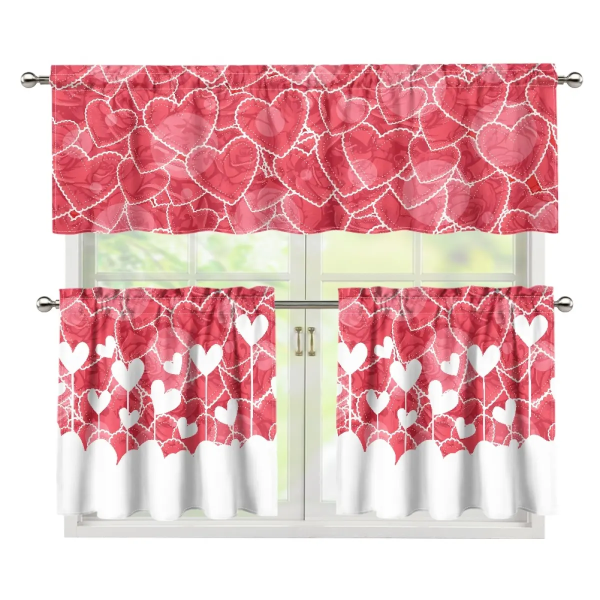 カスタムピンクのバレンタインのヨーロピアンスタイルのカーテンとバランスセットプリントオンデマンドカーテンセットはお祝いの雰囲気を追加します