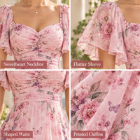 Robe longue en mousseline à imprimé floral pour femme, avec corsage froncé, manches volantées et col cœur, coupe trapèze, idéale pour les occasions spéciales.