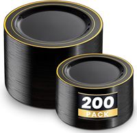 200 Assiettes en plastique jetables noires et dorées, sans BPA, robustes et modernes, pour mariage/fête/anniversaire/Halloween
