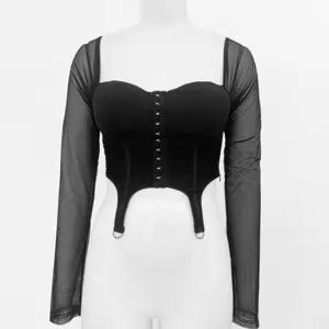 New Design Black Tops Long See-though Sleeve Low Cut Sexy Party Clothing For Women