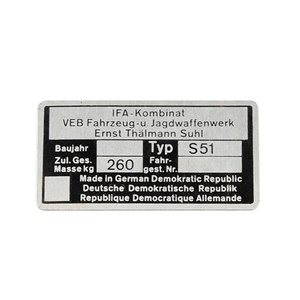 YHMOTO Rahmenplakette Mopeds Type <b>Plate</b> Sign <b>Name</b> <b>Plate</b> Typenschild for Simson S51 S 51 IFA - Product Image 1