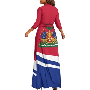 Polynesian Haitian Pattern Elegant V Neck Maxi Dress Customized Logo Half Sleeve Pocket Dress New Arrivals Tie Waist Skirts <strong>Hot</strong> - Product Image 3