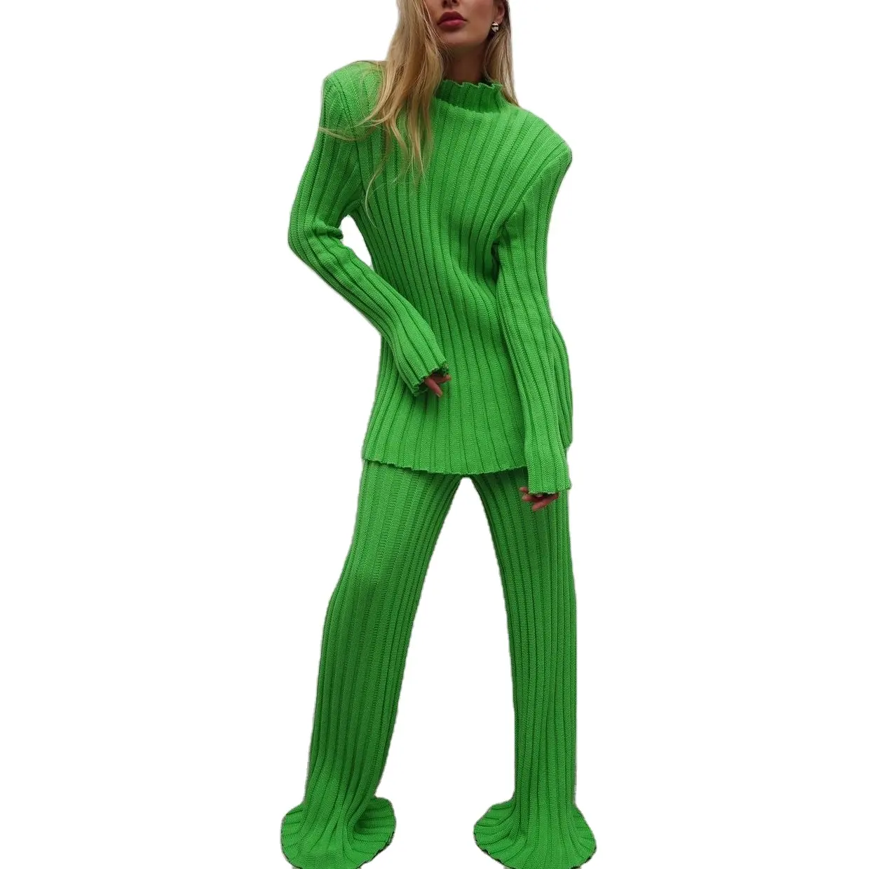 Suéter de manga larga para mujer, pantalones verdes, conjunto de dos piezas informales de punto, traje de moda caqui, otoño e invierno, 2022