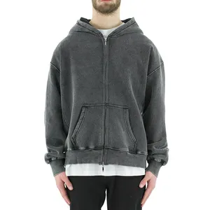 Wholesale High Quality Zip Up Heavyweight Cotton Plain Men Hoodies Custom Logo Acid Washed Vintage Zipper Hoodie For Men