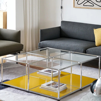 Table basse carrée modulaire de style japonais et coréen avec structure en acier inoxydable et plateau en verre trempé pour salon