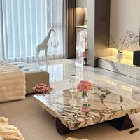 Table basse de luxe en marbre Calacatta, plateau carré blanc, base en acier inoxydable, design élégant pour villa, hôtel, appartement