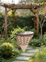 Pot de fleurs en bambou naturel brun sculpté à la main, style américain, avec doublure conique tressée, pour intérieur et extérieur, jardin