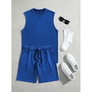 FOXA Men's Vintage Acid Wash Sleeveless Tank Top And Shorts <b>Set</b> Cotton Breathable Casual Wear - Product Image 5