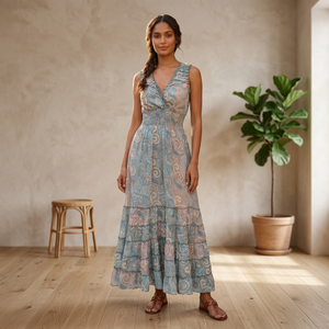 Free Size Y2K Simple <b>Boho</b> Indian Woven Silk A-Line Maxi Floral Print Korean <b>Summer</b> V-neck Sleeveless Elegant Simple Casual <b>Dress</b> - Product Image 3