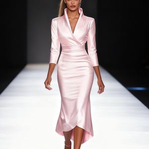 Robes en satin élégantes pour femmes, couleur unie, manches longues, col en V, mode automne - Product Image 1