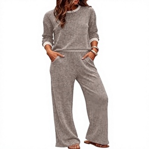 High Quality Women's Ribbed Knit <b>Two</b> <b>Piece</b> <b>Lounge</b> <b>Set</b> Long Sleeve Sweater Top Wide Leg Pants Casual Home Wear Lightweight Luxury - Product Image 3