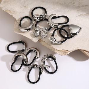 G3121 Acero inoxidable Chunky Heart Bow Brillante en forma de U Elástico Negro Cordón de goma Banda Scrunchies Gold Hair Ties para niñas - Product Image 3