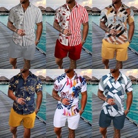 Ensemble de plage d'été pour hommes, 2 pièces, chemise à manches courtes à imprimé floral et short de couleur unie, ensemble assorti décontracté