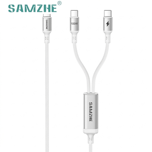 SAMZHE 100W USB Type-C Dual Connector Charging Cable 5A Fast Charge Data Cable Braided White Cord for iPad iPhone Car Android