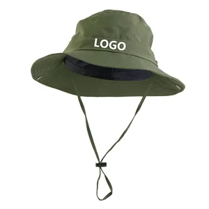 Cappello da pescatore a tesa larga traspirante all'ingrosso ricamo Logo cappello da pescatore personalizzato con corda e bottone