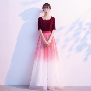 Long Evening Gown For Women Choir Performance A-Line Empire Waist Square Collar Contrast Color Polyester Stage Costume - Product Image 3