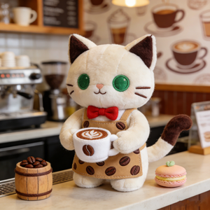 Peluche personnalisée sur le thème d'un chat kawaii de café, authentique, réaliste, debout, mignon chaton de café, peluche super douce, poupée en peluche OEM ODM - Product Image 1