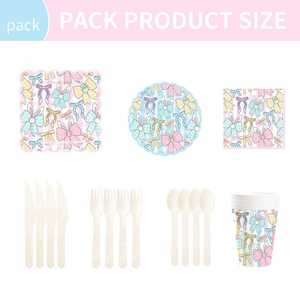 DAMAI - Vajilla de Papel para Fiesta de Pascua, Platos, Vasos, Servilletas, Lazo Rosa y Diseño Floral Primaveral, para 8 Personas - Product Image 5