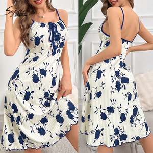 Robe longue élégante à fleurs Sfy-y1488 pour femmes, chemise de nuit sans manches, nœud devant, chemise de nuit décontractée, vêtements de nuit - Product Image 1