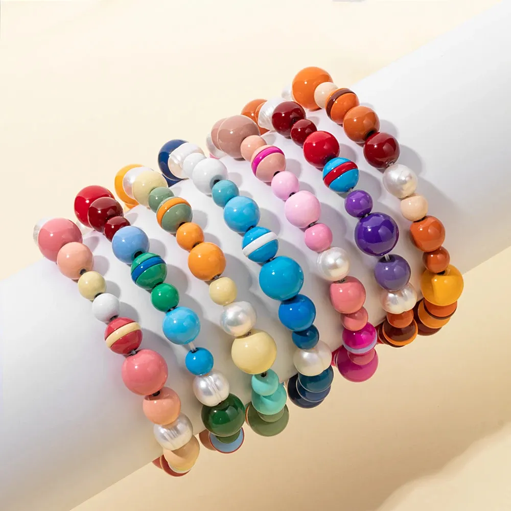 New Trendy Boho Candy Color Enamel Round Bracelet for Women & Men Pearl Round Beads Elastic Bangle Fashion Jewelry Accessories
