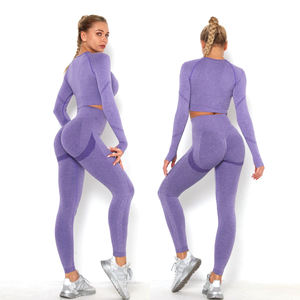 Индивидуальные бесшовные костюмы из 2 предметов для спортзала, спортивные костюмы для женщин, короткий топ с длинным рукавом + Скрещенные леггинсы, комплекты для йоги, фитнеса и активного отдыха - Product Image 1