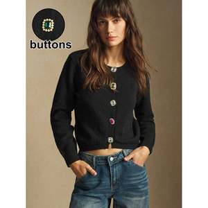 Crew Neck <b>Cardigan</b> Women's Black Warm Knitwear - Product Image 5