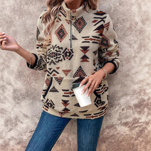 Wholesale 2025 New Khaki <strong>Women's</strong> Casual <strong>Sweatshirt</strong> <strong>Quarter</strong> <strong>Zip</strong> Elastic Cuffs Geometric Printed Anti-Shrink Autumn Nonwoven - Product Image 5