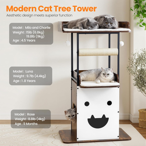 Wood Modern <b>Cat</b> <b>Tree</b> Tower Tall Wooden <b>Cat</b> <b>Trees</b> with Big Perch Bed, Multi-Level Condo with Scratching Board Posts - Product Image 5