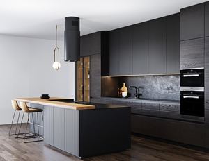 Furnitur rumah mewah lapisan kayu kenari Modular warna hitam Matt pintu kaca lemari dapur desain Modern - Product Image 5