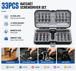 33PCS REEKE Ratchet <b>Screwdriver</b> Set T-Handle Steel <b>Magnetic</b> <b>Bits</b> Hex Wrench 1/4in Drive OEM Option Compact Hard Case 1 Year Comp - Product Image 2