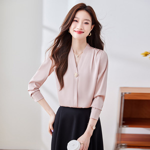 Women Satin Long Sleeve Blouse V Neck Polyester Elegant Commuting Shirt - Product Image 4