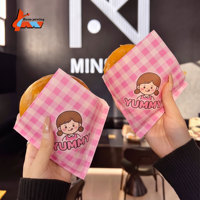 Sacs à hamburger en papier sulfurisé imprimés personnalisés à carreaux roses, avec logo de dessin animé mignon, pour emballage alimentaire et sandwichs, vente en gros
