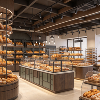 Comptoir de vente au détail en bois texturé pour boulangerie-pâtisserie, design de magasin de gâteaux commercial avec vitrine et mobilier sur mesure