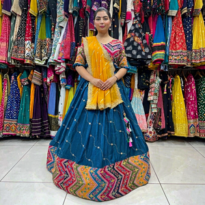 Ensemble Lehenga Choli indien traditionnel bleu en coton brodé, longueur ras du sol, coupe classique, pour femme, tenue de mariage, anti-humidité - Product Image 1