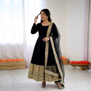 Conjunto de Kurti Anarkali Negro Bordado para Mujer, Manga Larga, Dupatta, Ropa Étnica para Fiesta o Boda - Product Image 1